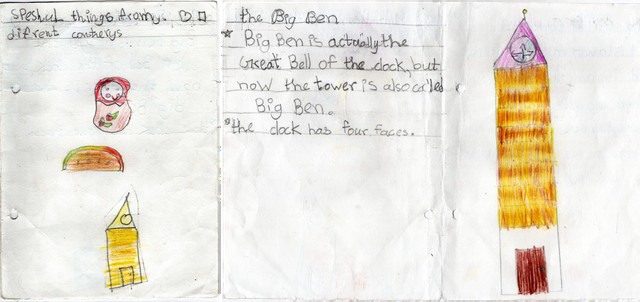 Pages from a child's research booklet about special things from different countries