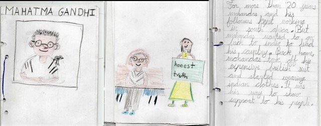 Pages from a child's research booklet on Mahatma Gandhi