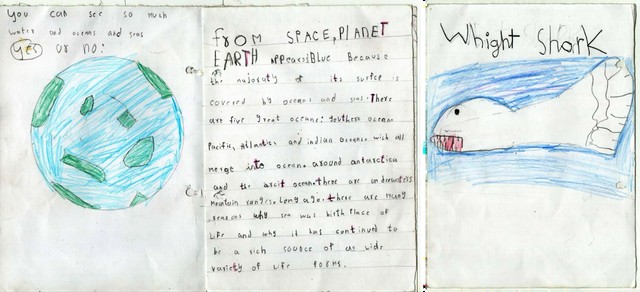 Pages from a child's research booklet about oceans