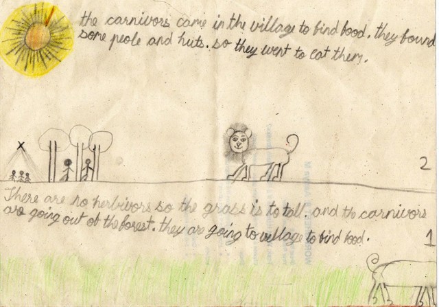 A child's drawing: with no herbivores the grass grows too tall, and the carnivores go to the village for food