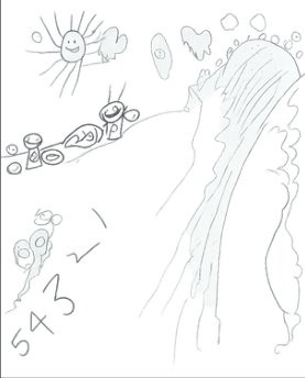 Sun, clouds, tree, children playing, road, flowers. Primary, second year