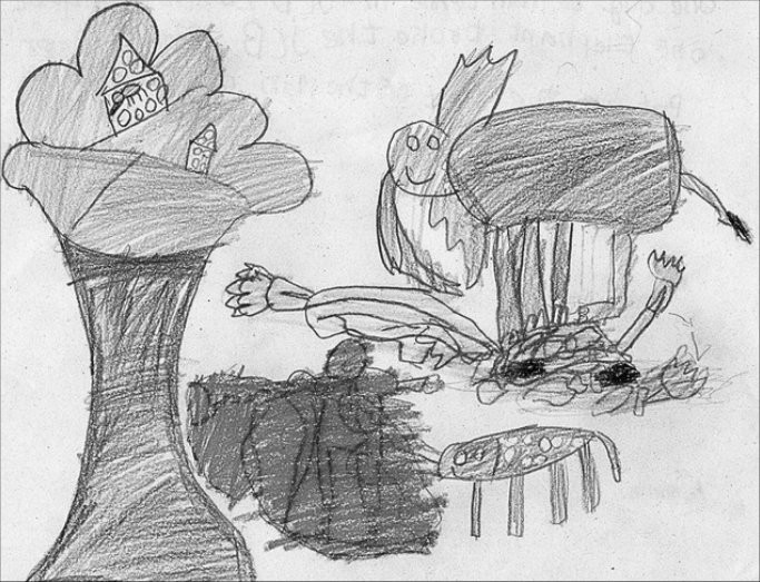 A child's drawing of animals guarding a tree from a JCB