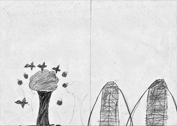 A child's drawing of a tree being cut and a new one planted